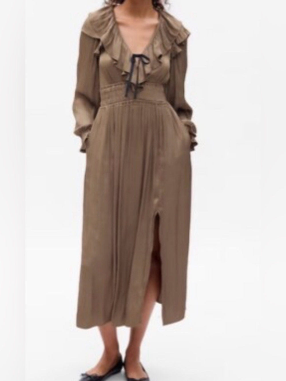 Gap Satin Midi Dress Large Beige Brown Green V Neck Ruffle Fit Flare Pockets L
